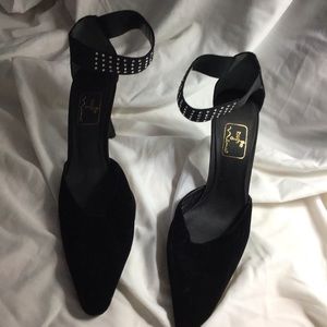 Black suede with rhinestone trim